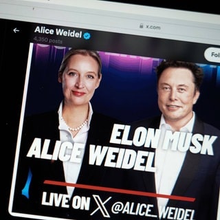 Screenshot: Elon Musk und die AfD-Vorsitzende Alice Weidel treffen sich virtuell zu einem Dialog und sprechen gemeinsam auf der Plattform X.