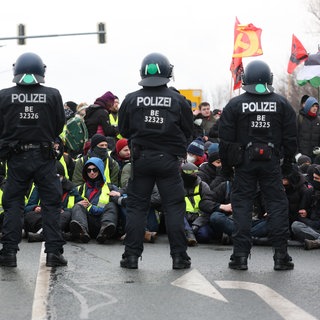 Polizisten stoppen eine Demonstration gegen den Bundesparteitag der AfD in Riesa (Sachsen). 