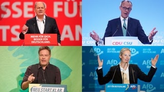 Die Kanzlerkandidaten für die Bundestagswahl 2025: Olaf Scholz (SPD), Friedrich Merz (CDUCSU), Robert Habeck (Grüne), Alice Weidel (AfD)