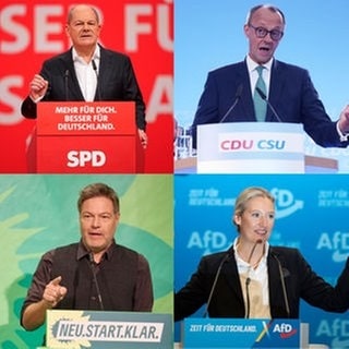 Die Kanzlerkandidaten für die Bundestagswahl 2025: Olaf Scholz (SPD), Friedrich Merz (CDUCSU), Robert Habeck (Grüne), Alice Weidel (AfD)