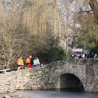 Rettungskräfte und Kriminaltechniker gehen in der Nähe eines Tatortes in Aschaffenburg eine kleine Brücke hinauf. 