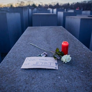 Eine Kerze, eine Rose sowie ein Schild mit der Aufschrift «Nie wieder jetzt!» anlässlich des Internationalen Tags des Gedenkens an die Opfer des Holocaust. Laut einer Umfrage lässt das Wissen über den Holocaust vor allem bei jungen Menschen nach.