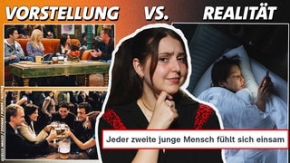 BRUST RAUS-Host Walerija grübelnd zum Thema "Einsamkeit", auf der linken Seite Bilder der Freunde der Serie "Friends" und der Serie "How I Met Your Mother", auf der rechten Seite als Kontrast eine Person, die allein im Bett liegt und auf ihr Smartphone starrt