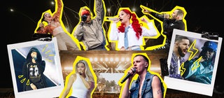 Bilder diverser HipHop Acts wie Ski Aggu, Nina Chuba und Drake angereiht um die Bühne eines Festivals