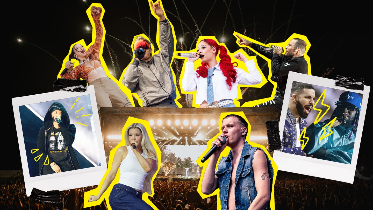 Bilder diverser HipHop Acts wie Ski Aggu, Nina Chuba und Drake angereiht um die Bühne eines Festivals