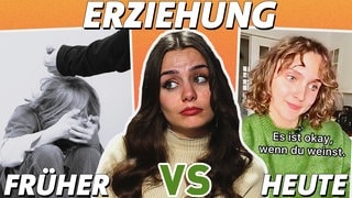 BRUST RAUS-Host Aurora zwischen zwei Fotos, die unterschiedliche Erziehungsmethoden symbolisieren und stellt sich die Frage: Sind Gen Z & Millennials die besseren Eltern?