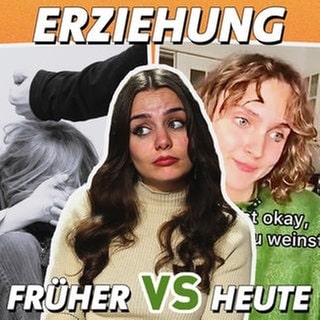 BRUST RAUS-Host Aurora zwischen zwei Fotos, die unterschiedliche Erziehungsmethoden symbolisieren und stellt sich die Frage: Sind Gen Z & Millennials die besseren Eltern?